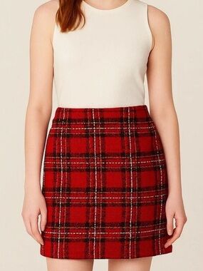 Ann Taylor LOFT Tartan Short Red Plaid Tweed Mini Skirt Pockets Women 12
